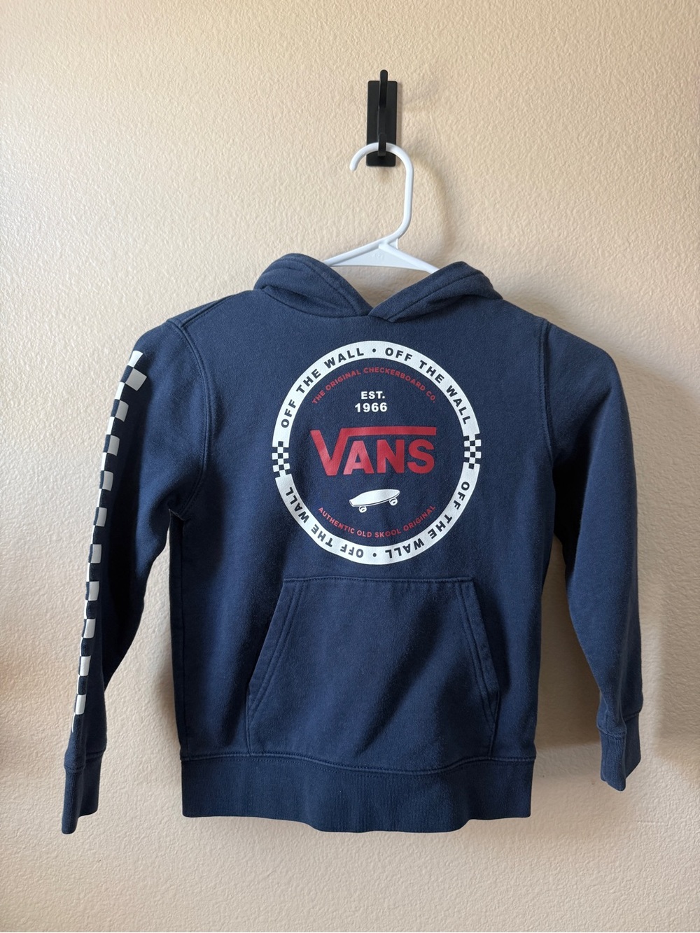 Vans Kids Navy Hoodie with Red Logo and Checkerboard Sleeve